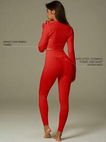 UONNOU Bộ đồ thể thao định hình 2 mảnh dành cho nữ, áo dài tay và quần dài, áo khoác có khóa kéo toàn thân, họa tiết sọc gân nổi, vải dệt kim liền mạch, định hình eo và bụng, nâng mông, định hình toàn thân, thiết kế lỗ xỏ ngón tay cái, thích hợp cho thể thao, yoga ngoài trời, tập luyện nhẹ, chạy bộ, mặc hàng ngày, mọi mùa, thu/đông. - Đỏ - Xem 4