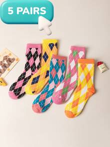 5 Pairs Retro Diamond Geometric Pattern Sports Socks, 1 Pair Of Each Color In The Set