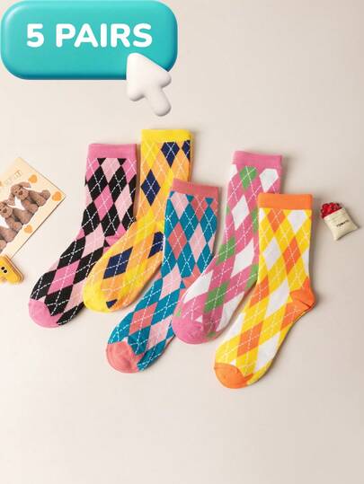 5 Pairs Retro Diamond Geometric Pattern Sports Socks, 1 Pair Of Each Color In The Set