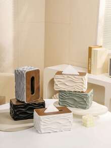 1pc Wavy Wooden Tissue Box Cover, Thickened Waterproof PP Material, Suitable For Living Room, Dining Room, Bathroom, Bedroom, Office, Hotel, Daily Use, Gift, National Day, Valentine's Day - Multicolor - View 2