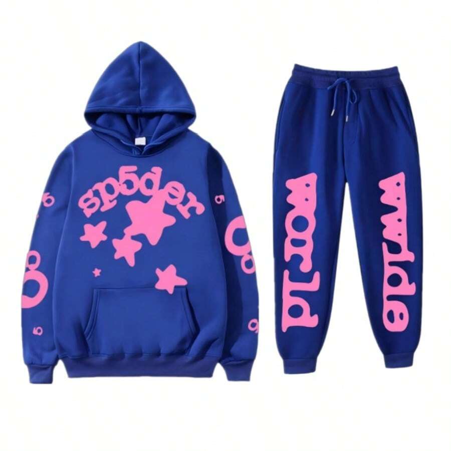 Fashion Street Hooded Set - Playful Star And Letter Print, Loose Casual Design,Y2K  Preferred Two - Piece For Daily Sports And Streetwear - 藍色 - 查看 1