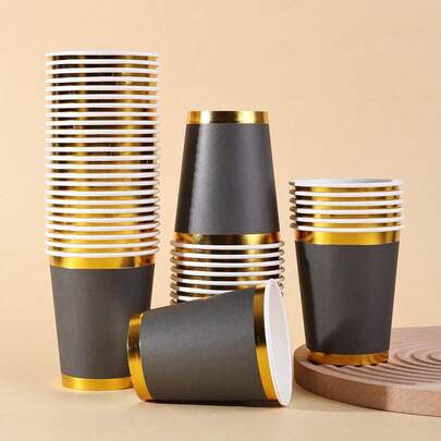 10pcs/20pcs/60pcs, Black And Golden Foil Border 9oz Paper Cups, Disposable Decorative Party Cups With Gold Metallic Rim Suitable For Weddings, Baby Parties, Cocktail Parties, Bachelor Parties, Birthday Parties And Other Occasions,Elegant Premium Party Cups For Wedding, Birthday, Anniversary, Graduation & Formal Event Tableware