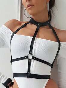 Leather Strap Bra Corset Top, Fashionable Chest Leather Strap Costume Accessory For Women, Sexy Party Wear - Black - View 1