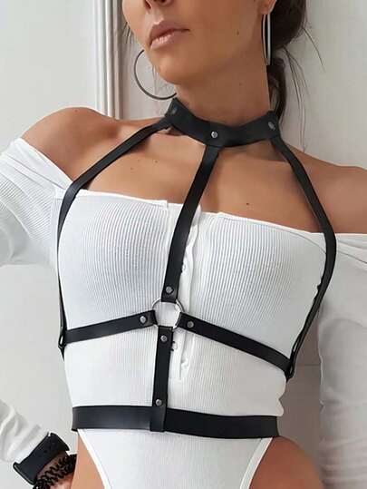Leather Harness Bra Corset Top, Fashionable Chest Strap Lingerie, Sexy Party Costume Accessory For Women