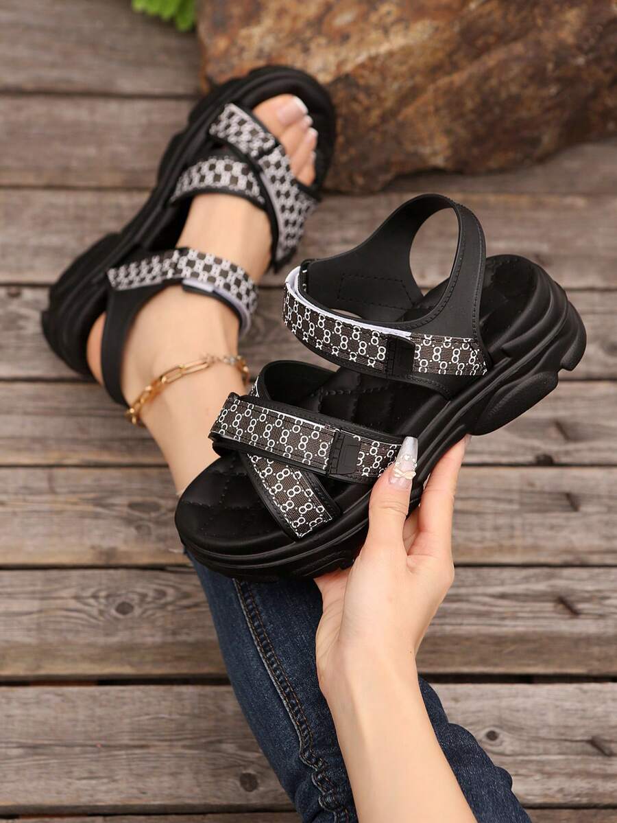2026 New Round Toe Low Vamp Strap Criss-Cross Design Printed Open Toe & Heel Women's Sandals, Fashionable, Breathable, Cooling - Black - View 1