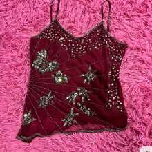 Women V Neck Sequin Cami Top .Y See Through Strape Camisole Cute Beaded Top Going Out Party Outfits - Màu Đỏ Sâu - Xem 1