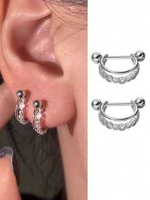 Nooxian 1 Pair Women's Stainless Steel Zirconia C-Shape Screw Stud Earrings, Punk Piercing Everyday Accessory - Silver - View 1