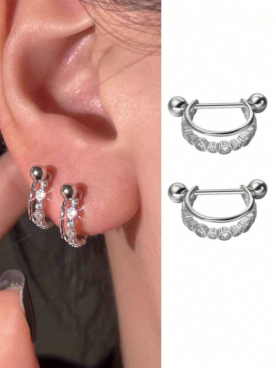 Nooxian 1 Pair Women's Stainless Steel Zirconia C-Shape Screw Stud Earrings, Punk Piercing Everyday Accessory - Silver - View 1