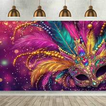1 Carnival Party Background Cloth Welcome To Bauta Design, Red And Gold Striped Background Durable Polyester Photo Booth Decoration Is Suitable For Birthday Carnival Anniversary Room. - Multicolor - View 1