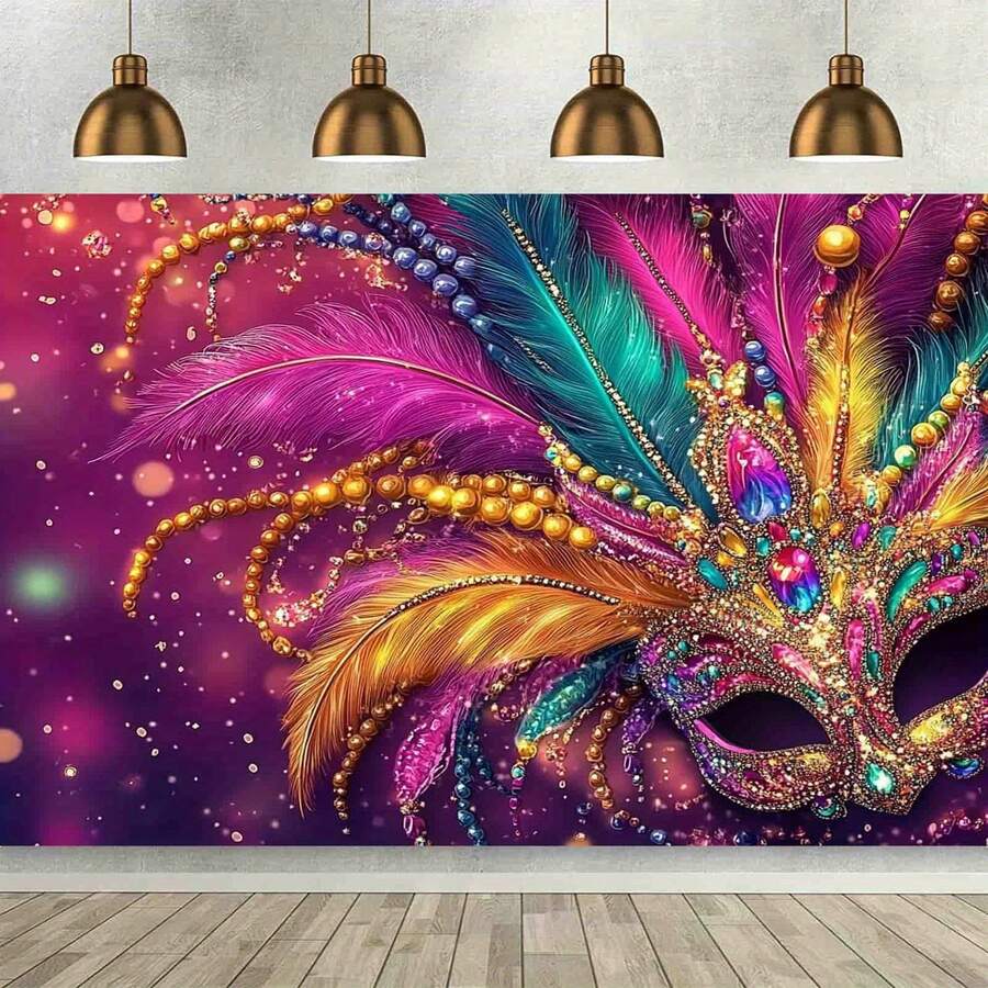 1 Carnival Party Background Cloth Welcome To Bauta Design, Red And Gold Striped Background Durable Polyester Photo Booth Decoration Is Suitable For Birthday Carnival Anniversary Room. - Multicolor - View 1