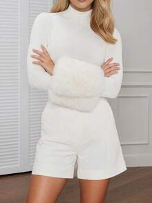 Áo liền thân dài tay thời trang nữ, làm từ polyester, thiết kế cổ đứng với cổ tay áo giả lông sành điệu, co giãn và thoải mái. - trắng - Xem 6