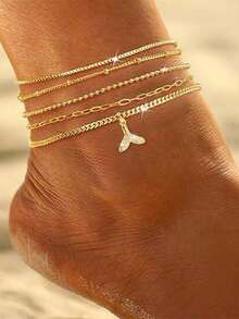 Nooxian 5件套女士脚链套装，波西米亚风夏季海滩度假叠戴款，铜镶嵌锆石美人鱼尾吊坠，镀金回形针链，串珠链，链，海洋系列多层脚链套装，叠戴脚链配饰礼品 - 金黃色 - 查看 2