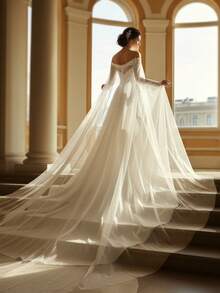 1 pièce Cape de mariée longue élégante avec bordure en dentelle, épaules dénudées, 3 mètres de long, accessoire de robe de mariée de luxe pour cathédrale, cape pour soirée, événement formel ou représentation - châle - Voir 4