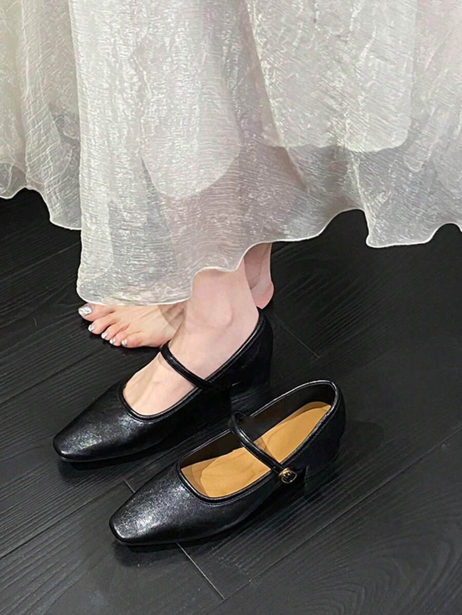 Silver Mary Jane Shoes, Minimalist Style, Suitable For Office Or Wedding, Square Toe, Buckle Accent, Spring/Summer New Arrival - Black - View 1