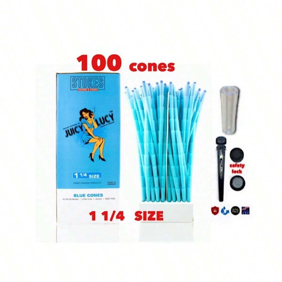RAW Juicy Lucy BLUE Prerolled Cone 1 1/4size 100PK MADE IN FRANCE+Tube+Gl<Wbr/> Tip - 如圖所示 - 查看 1