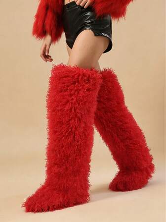 New Fashionable Ultra-High Faux Fur Snow Boots, Thigh-High Over-The-Knee Boots, Furry Boots