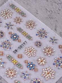 5D奢华宝石浮雕美甲贴纸，金蓝渐变波西米亚风花朵吊坠美甲设计DIY，Y2K时尚自粘凝胶指甲油贴纸，滑动式美甲装饰配件 - 彩色 - 查看 4