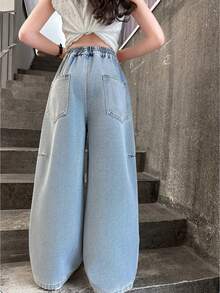 Girls  Stuff - Baggy Jeans With Red Heart Embroidery, Kpop Style Girls Jeans, Perfect Kids Clothes Girls & Christmas Teen Girl Gifts - 藍色 - 查看 4