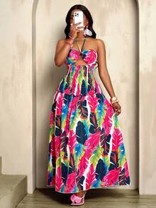 Sexy And Elegant Women's Long Dress With Random Floral Patterns - Hot Pink - View 6