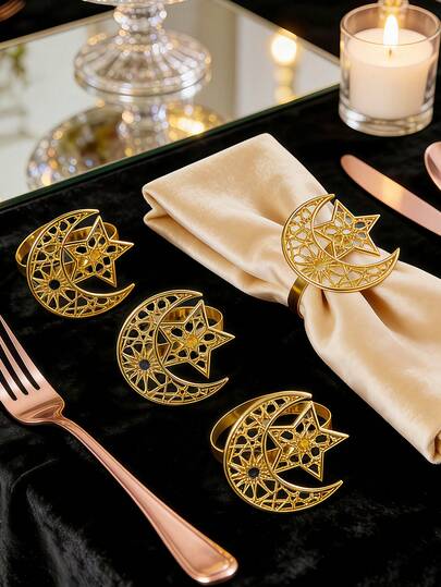 6/12pcs Gold Star & Moon Napkin Rings, Suitable For Room Decor, Dining Table Decor, Home Decor, Fit For Party, Birthday, Wedding, Banquet Buffet Elegant Minimalist Decoration