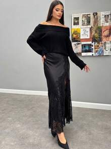 女士蕾丝半身裙，黑色缎面优雅长裙，适合夏季度假，性感派对长裙，展现女士春日优雅气质 - 黑色 - 查看 4