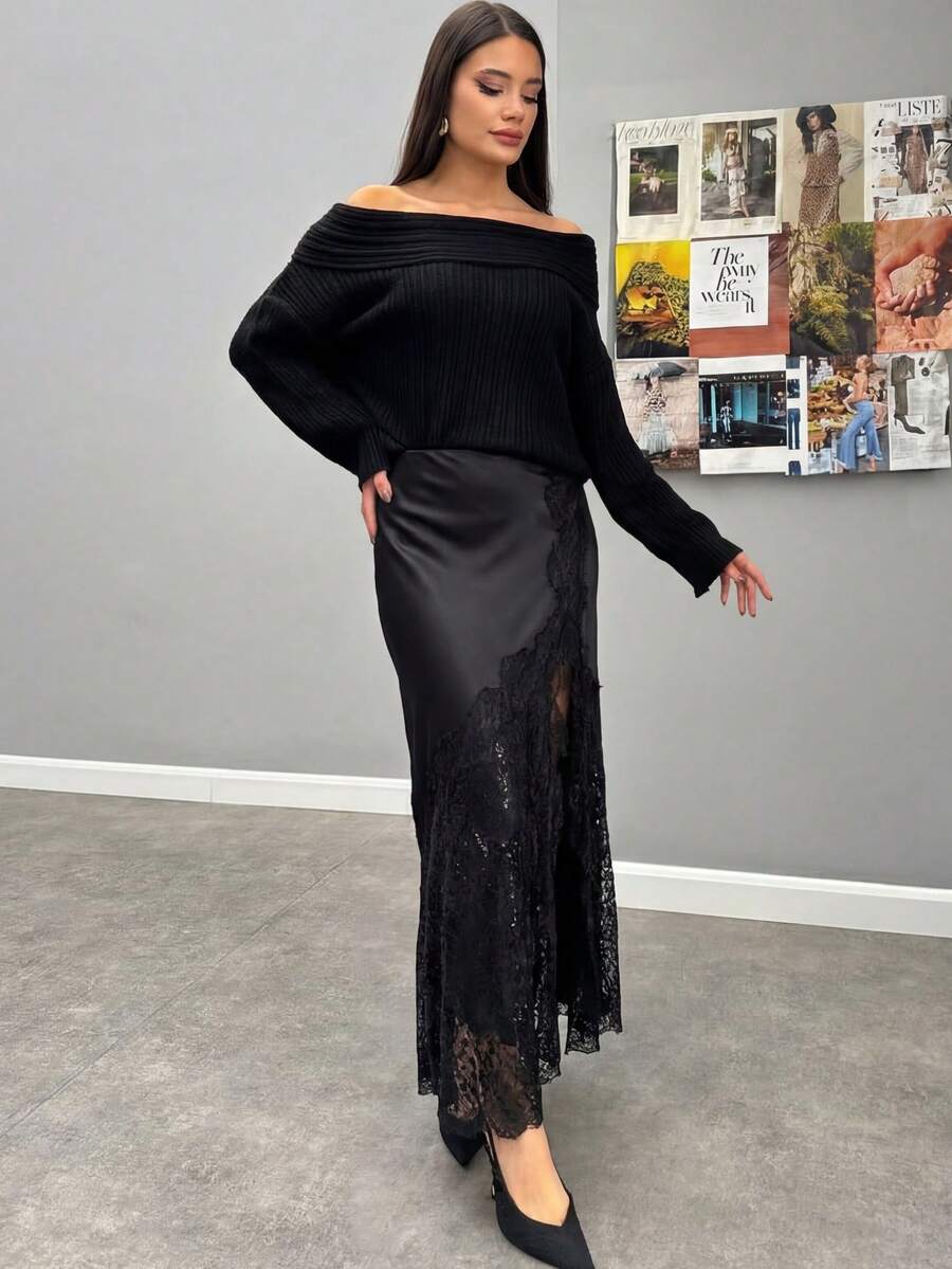 女士蕾丝半身裙，黑色缎面优雅长裙，适合夏季度假，性感派对长裙，展现女士春日优雅气质 - 黑色 - 查看 1