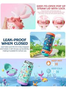 1PCS Kids Insulated Water Bottle With Straw Lid & Handle - 14oz 18/8 Stainless Steel Metal Tumbler Leak Proof Double Wall Vacuum Kids Cup Water Bottle For School Boys Girls - 藍色 - 查看 11