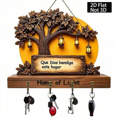 A Farmhouse Key Rack - Spanish Phrase 'May God Bless This House' - With Hanging Lantern - Entrance, Living Room, Porch Decoration - Wooden Key Storage - Can Hold 4 Keys - Gift For New Movers - 11.8x 9inch - Includes Easy-To-Hang Hooks, Home Organization, Vintage Style, Durable Wood, Wall-Mounted Rack, Home Decorator, 2D Flat, Lavender Wall Decoration, Spanish Wall Decoration, Suitable For Men's Nest, Christmas, Easter Crafts Decoration, Bar And Restaurant Supplies