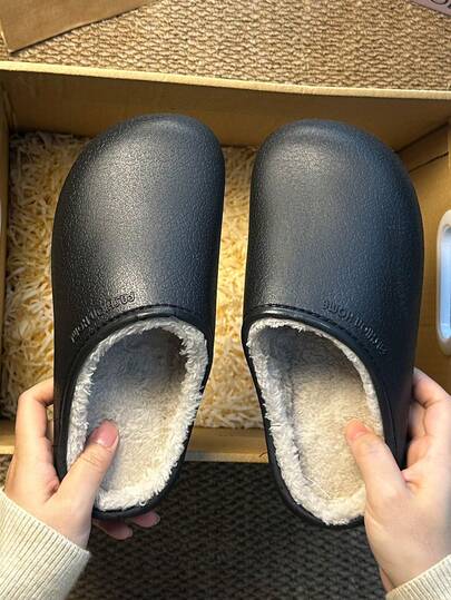 Women's House Slippers, 2025 Autumn/Winter New Solid Color Waterproof Anti-Slip Thermal Slippers, Women's Plush Thick Bottom Half-Back Slip-On Indoor/Outdoor Wear