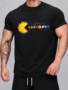 加大码男士趣味太空图案圆领休闲宽松短袖T恤 - 黑色 - 查看 2