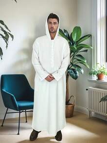 Men's Conservative Daily Commute Simple Solid White Long Sleeve Half-Button Open Front Hooded Arabic Robe