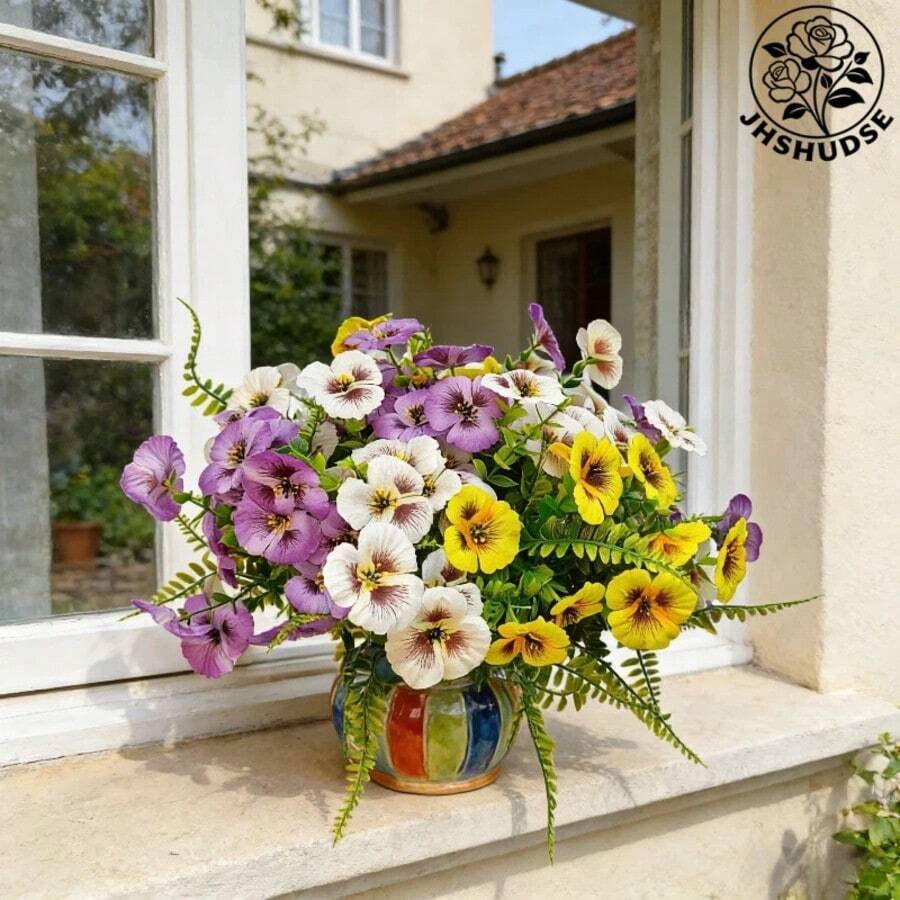JHSHUDSE 9pcs Artificial Pansy Flowers For Home Decor, With Leaves - Realistic Plastic Fake Pansy Flowers, Fade-Resistant Lifelike Flowers For Outdoor Indoor Front Door Garden Porch Window Balcony Home Decor (Container Not Included) - 9 Mixed Colors - View 1