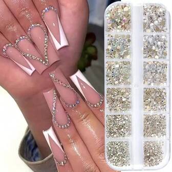 White Diamonds On Gold Background, AB Nail Rhinestones, 12 Compartments Box, Nail Decorations, Popping Flash Glass Flat Round Rhinestones, Nail Decorations