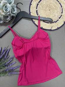 Plain Viscose/Lycra Fabric Tank Top With Pretty Built-In Bra Cups. - 玫紅 - 查看 2