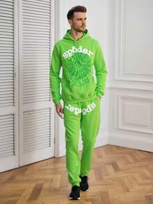 The Fashionable And Versatile Hoodie Set, Featuring A Unique Spider Pattern And Letter Decoration, Is A Comfortable And Casual Outfit. - màu xanh lá - Xem 5