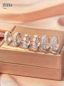 Bộ 6 bông tai tối giản, thời trang, đa năng, đính đá Cubic Zirconia lấp lánh hình hoa, bông tai hình lúa mì, bông tai hình giọt nước, quà tặng trang sức cao cấp. - Bạc - Xem 4