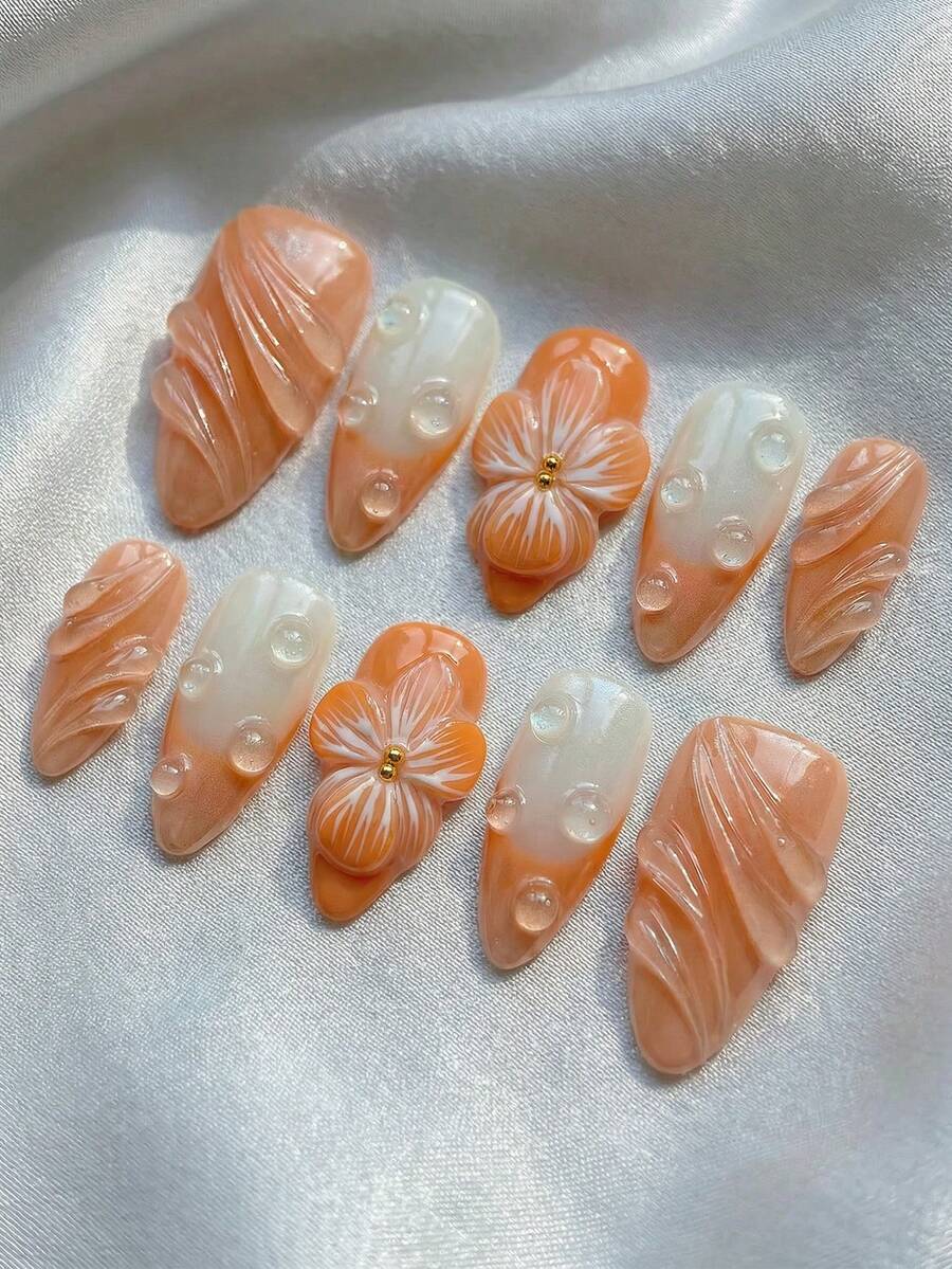10 PCS Handmade Medium Almond Press On Nails, Y2K Juicy Peach Orange Gradient & 3D Flower With Water Droplets, Removable Reusable Nail Set (Jelly Glue & Nail File Incl.)