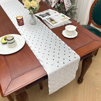 1 pieza Mantel rectangular de poliéster blanco y rosa con estampado de corazón metálico, de estilo minimalista moderno, con textura de satén brillante, adecuado para el Día de San Valentín, bodas, uso diario, comedor, decoración de fiestas