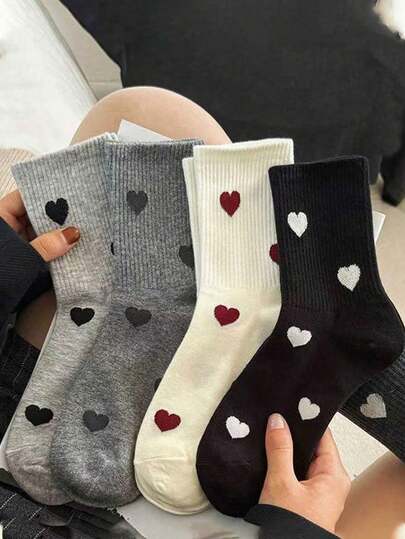 8 Pairs Women's Heart Pattern Casual Socks, Korean Style Versatile, Random Color Assortment, Suitable For All Seasons