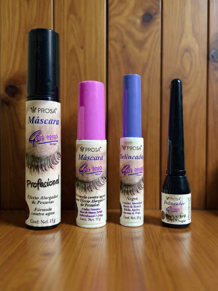 Set de máscaras de pestañas y delineadores color negro cuenta con 1 Delineador 4 en 1 hueso de mamey, sabila, jojoba y germen de trigo, 1 delineador en tintero, 2 Rímel efecto alargador - Negro - Ver 1