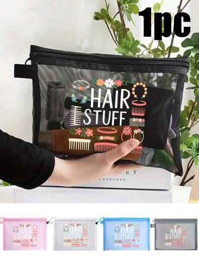 Hair Theme Illustration Storage Pouch - Multi-Pattern Design, Can Store Hair Ties, Headbands, Combs And Other Accessories, Colorful Foldable Portable Cosmetic Bag, Large Capacity Storage Bag, Nylon Mesh Fabric Student Stationery Zipper Bag, Document Organizer Bag, Pencil And Pen Case
