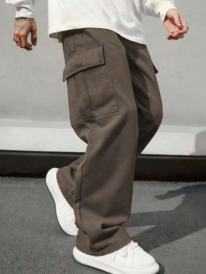 1pc Plus Size Men's Multi-Pocket Solid Color Cargo Pants, Casual Loose Fit Trousers Suitable For Spring/Autumn, Beach, Vacation, Daily Commute, Workout, Outdoor, Hiking, Fitness, Jogging, Versatile And Fashionable