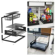 Wysuwany regał pod zlew, dwuwarstwowa przesuwna półka organizera, wielofunkcyjny regał do przechowywania w kuchni i łazience pod zlewem - Czarne - Zobacz 10
