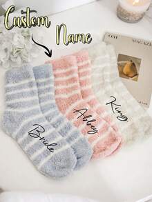 Personalized Name Socks, Custom Photo Socks, Custom Printed Mid-Calf Socks, Plush Socks, Bridesmaid Gift Socks, Bridesmaid Proposal Gifts, Personalized Women's Warm Wool Socks, Bridal Party Pajama Party Striped Socks, Women's Seamless Socks, Winter Striped Socks, Autumn/Winter Mid-Calf Socks, Women's Thick Warm Wool Socks, Christmas Gifts, Wedding Gifts, Gifts For Sisters, Best Friends And Girlfriends - Multicolor - View 6