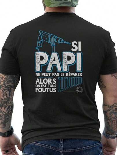 Camiseta divertida de hombre de un constructor francés - Abuelo diciendo "Si Papi Ne Peut Pas" con impresión en la espalda - Camiseta negra de algodón suave y ajuste holgado con texto azul