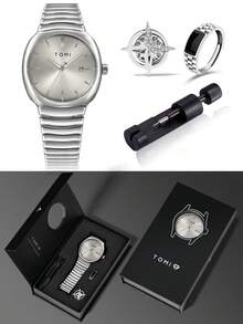 TOMI Men's Watch With Star Brooch & Ring Set, Elegant Round Dial Zinc Alloy Strap Quartz Watch, Gift Box For Daily, Business, Father's Day, Valentine's Day, Christmas, - Silver - View 9