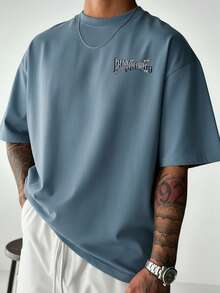 男士休闲百搭简约赛车英文标语元素短袖T恤 - 霧霾藍 - 查看 3