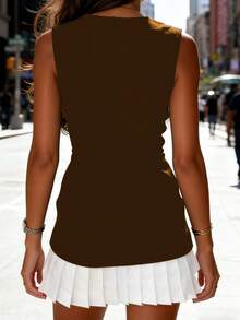 Đầm pull-over xếp ly màu đen trắng thanh lịch tối giản dành cho nữ, phong cách thời trang thành thị, thích hợp cho mùa xuân/hè. - màu nâu - Xem 6