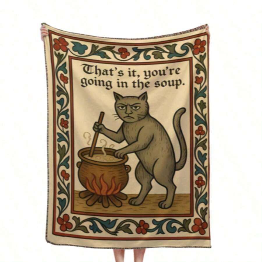 Weird Medieval Cat Woven Tapestry, Vintage Cat Themed Woven Sofa Blanket, Wall Hanging Art Handicrafts, Soft And Cozy Multipurpose Blanket, With Fringe Tassels, Home Decor For Cats Lovers Multi-Functional Air-Conditioning Blanket, Portable Blanket For Home And Travel, Office Nap Warmer - 彩色 - 查看 1