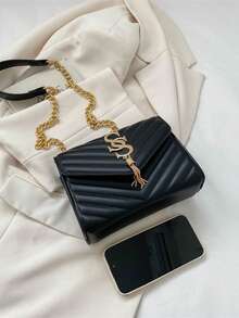 优雅女士链条单肩包，绗缝PU皮革斜挎包，奢华简约腋下邮差包，格子图案，可机洗 - 涤纶衬里 - 黑色 - 查看 7